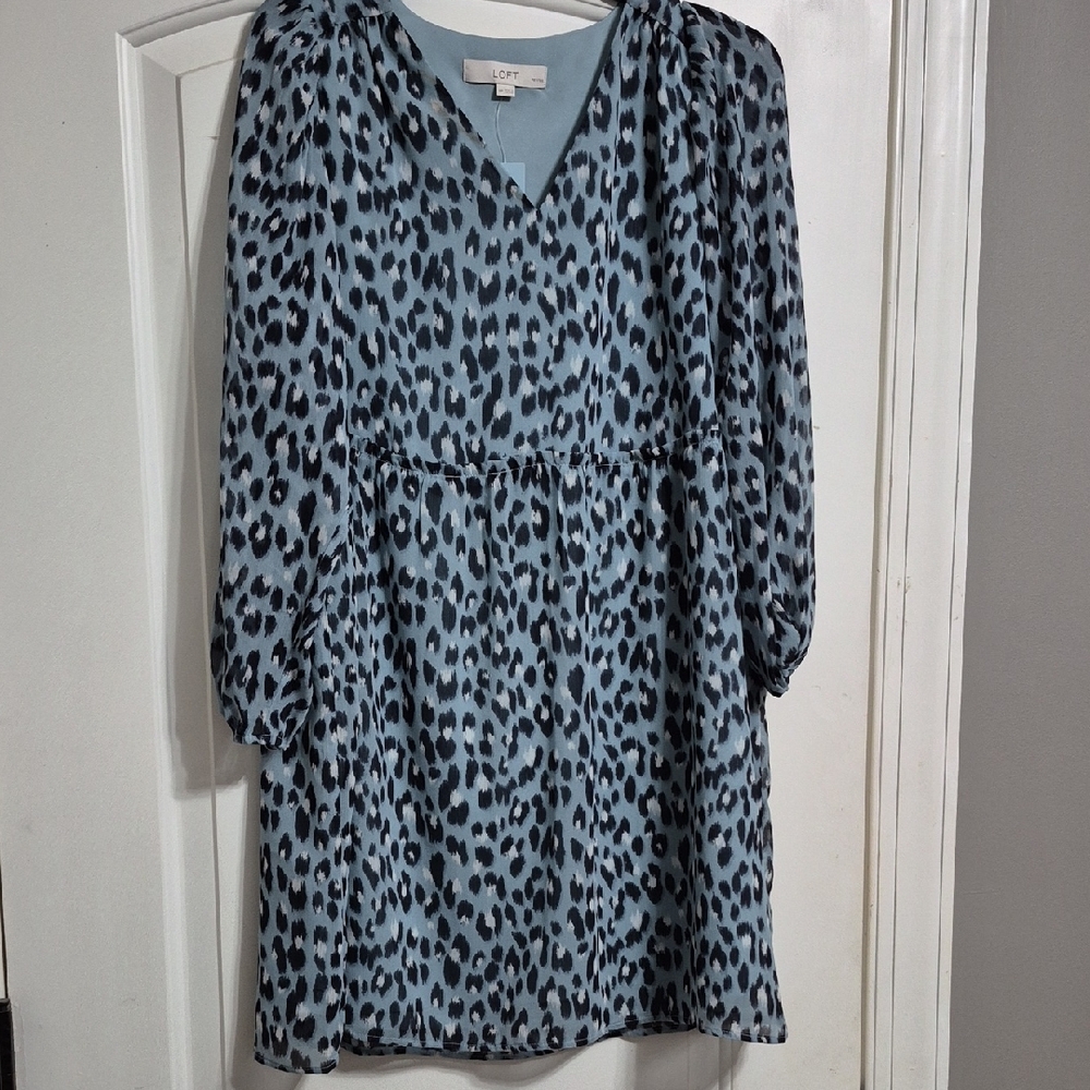 LOFT Blue and Black Animal Print Midi Dress